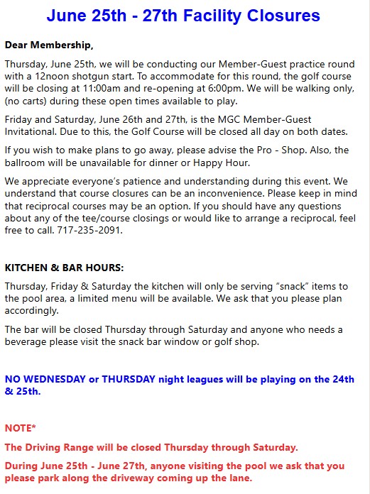 Course Closures June 24 to 27